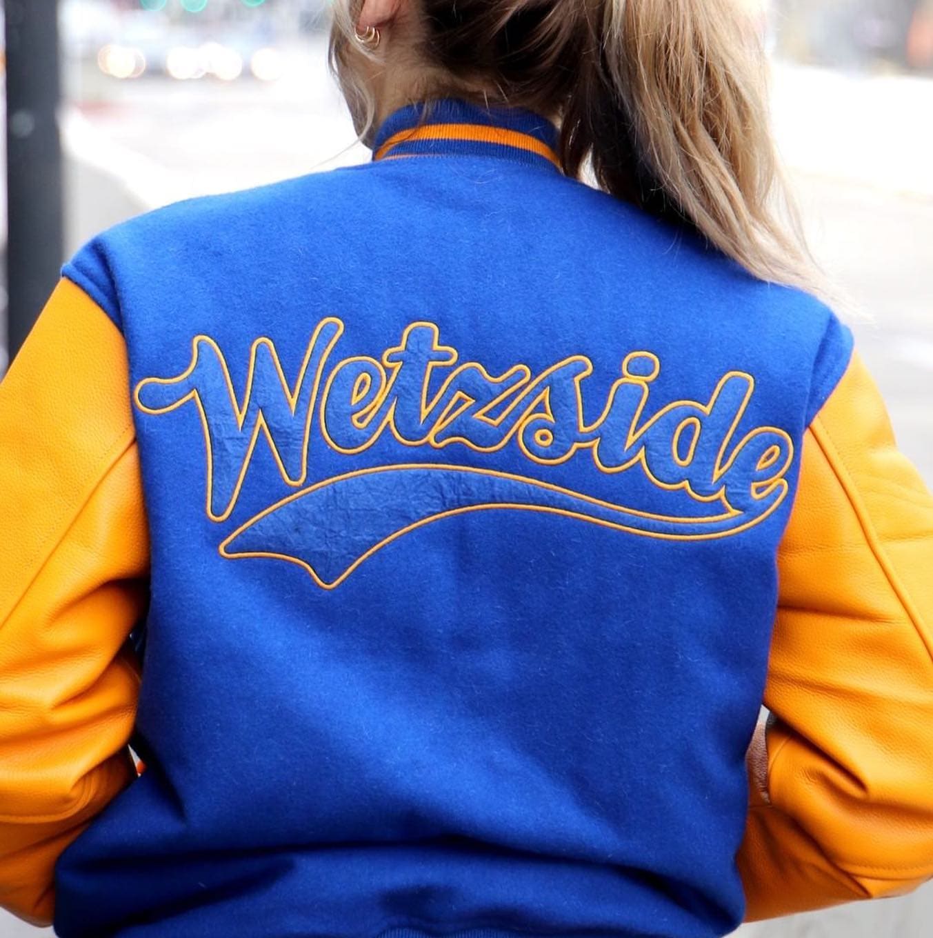 Wetzels Pretzels Blue Gold Varsity Jacket With Wetzside Script Back Design