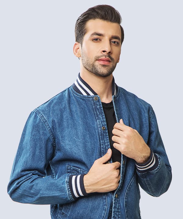 Blue denim varsity jacket with striped collar