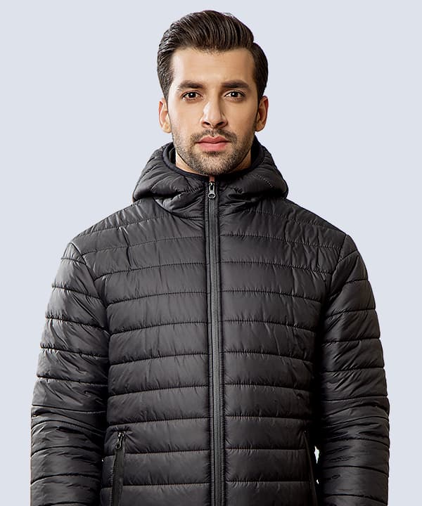 Black hooded puffer jacket