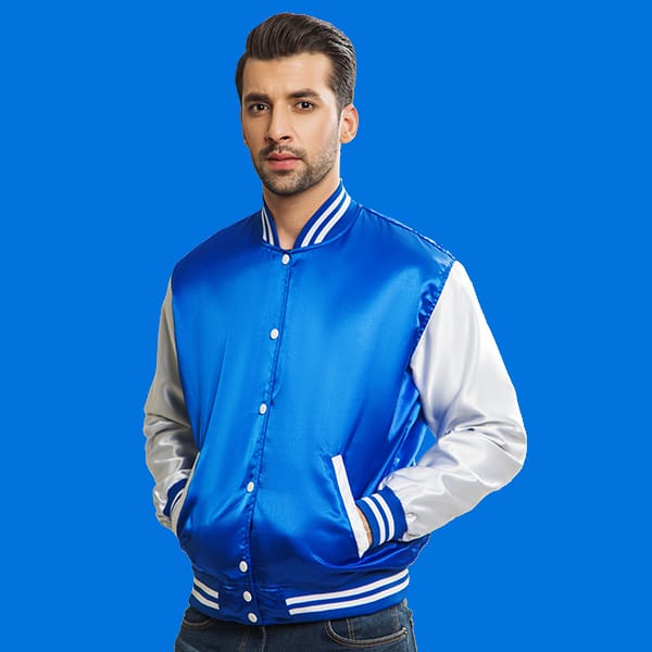 Blue and white satin varsity jacket