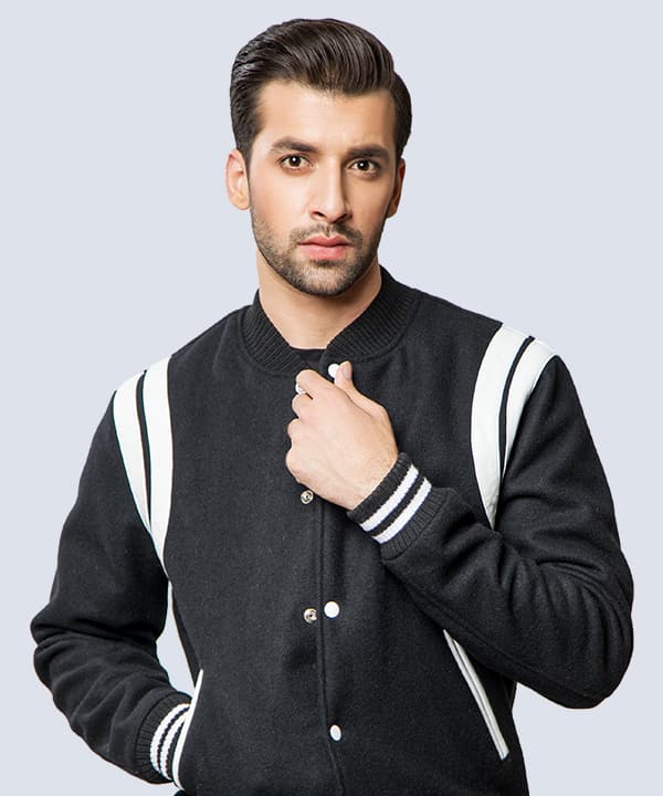 Black wool varsity jacket with white stripes