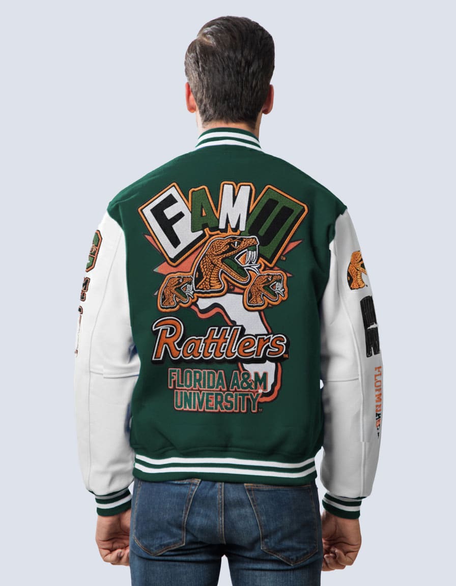 Football team wearing matching customized letter jackets with embroidered logos by Clothoo