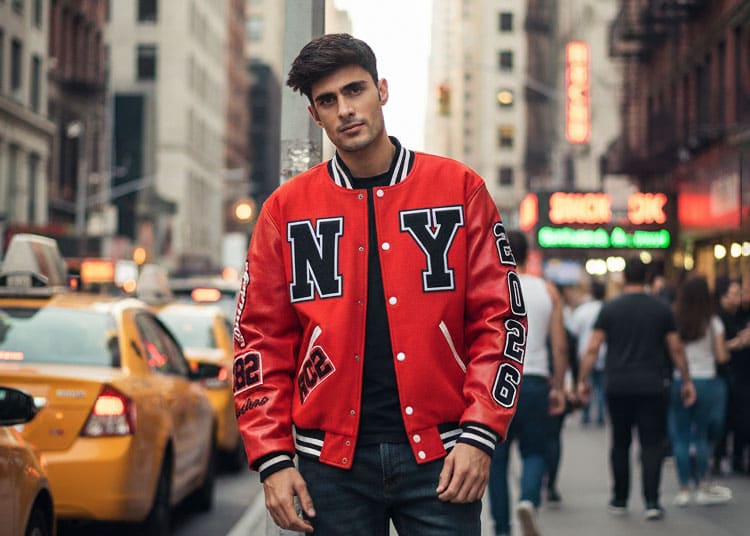 Customized varsity jacket in New York Streets