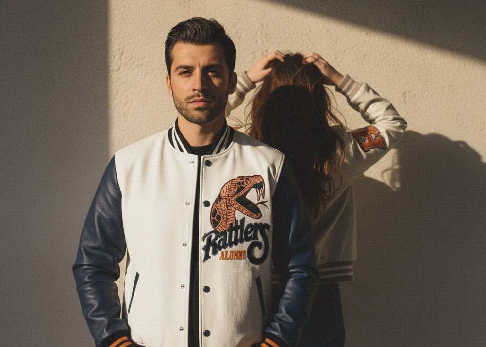 Rattlers alumni wearing wool and leather varsity jacket