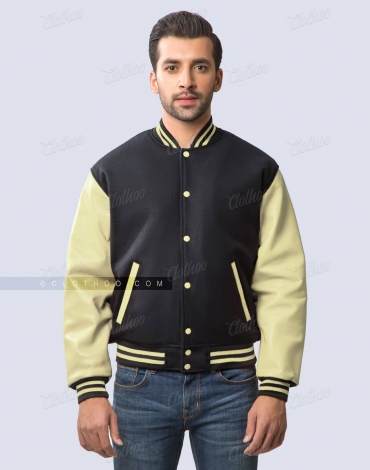 Black Wool and Cream Vegan Leather Jacket