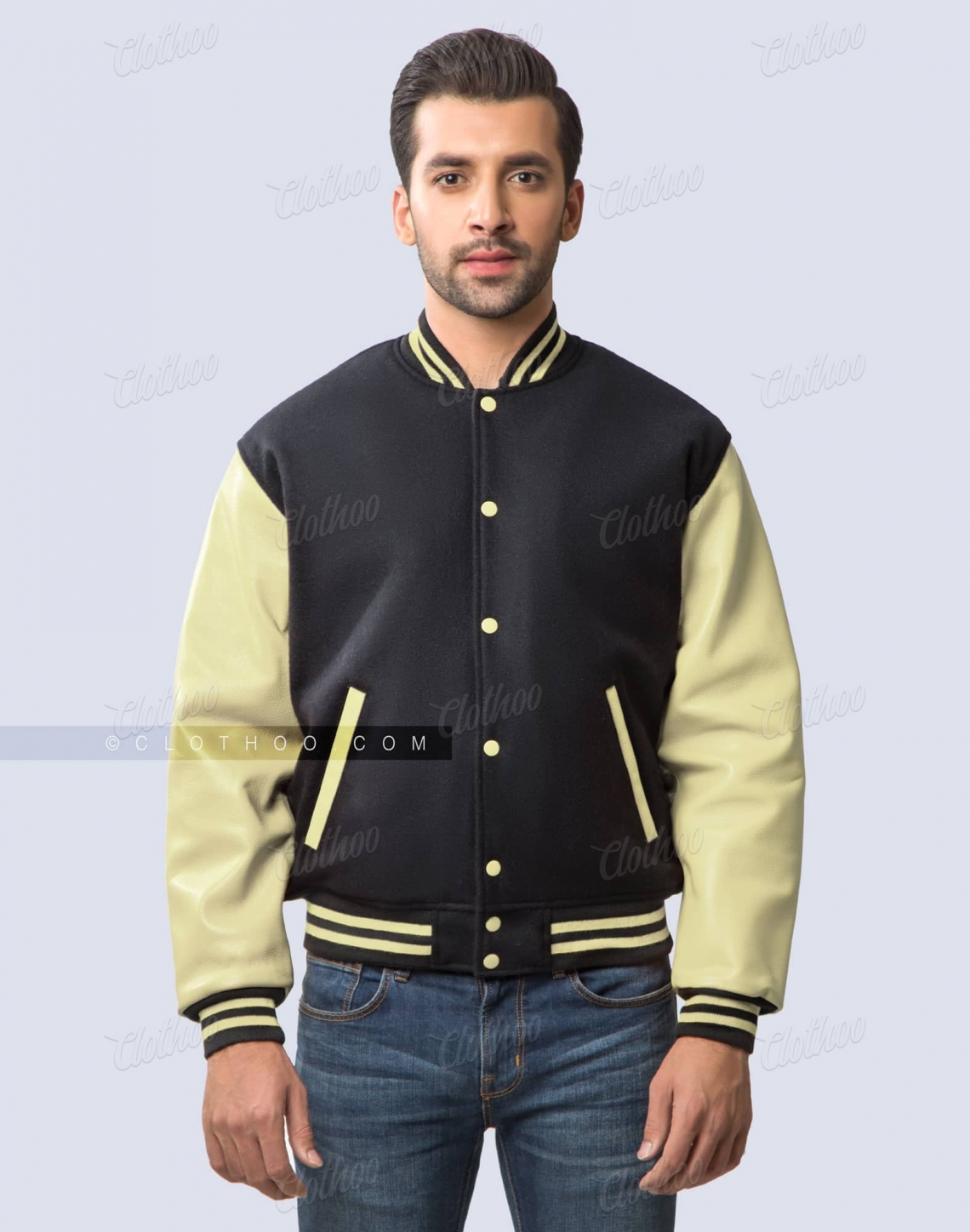 Black Wool Body Cream Leather Sleeves Varsity Jacket