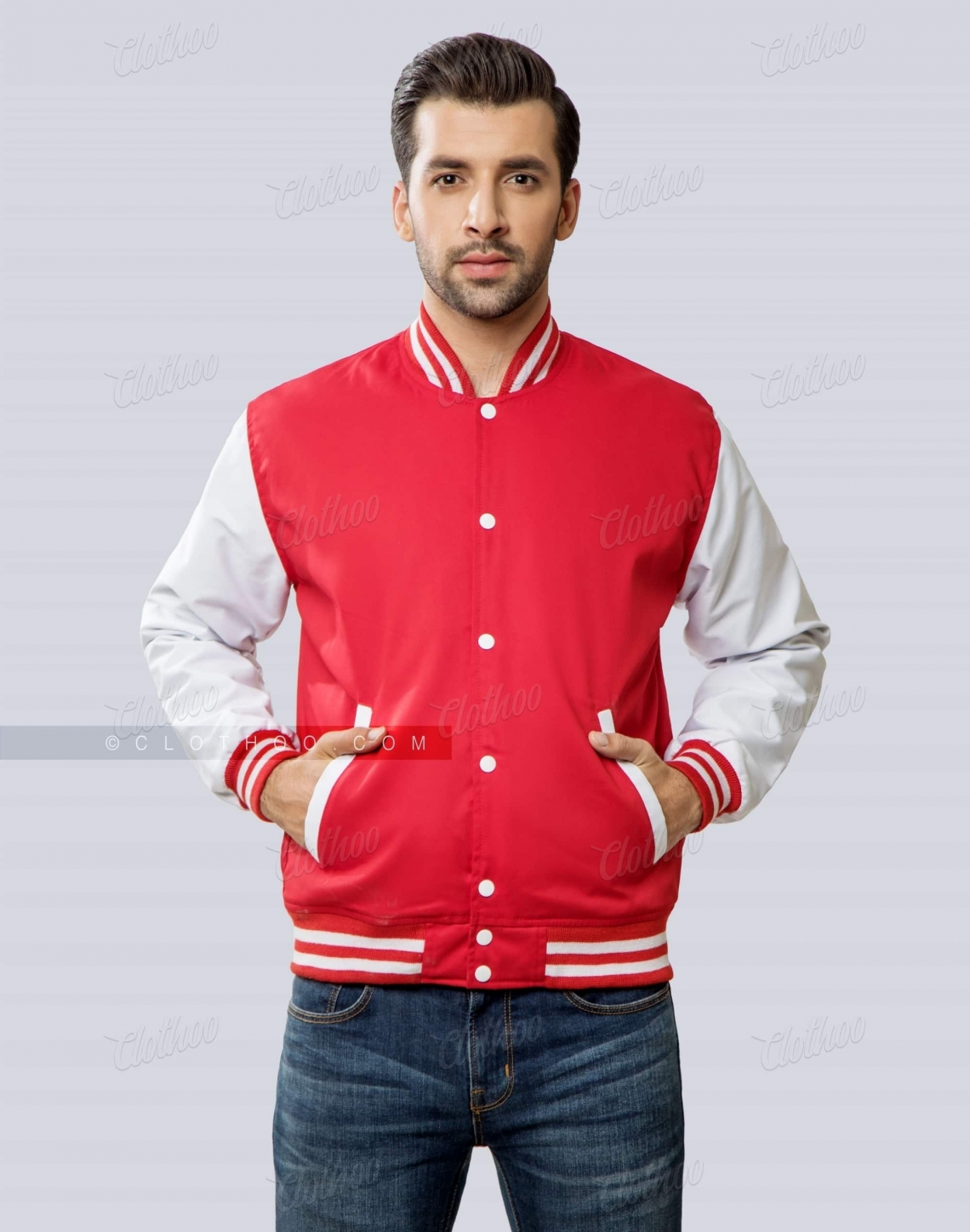 Baseball Varsity Jacket Cotton Twill White Red Front