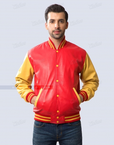 Premium Nappa Leather Letterman Jacket Red & Gold