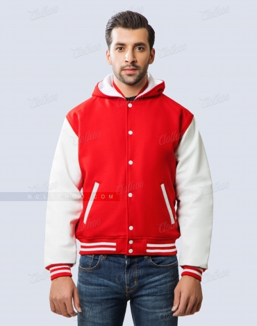 Red Wool and White Leather Sleeves Varsity Jacket with Hood