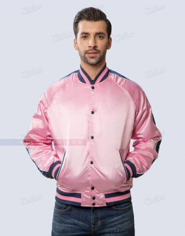 Satin Varsity Jacket with Raglan Sleeves Pink and Navy
