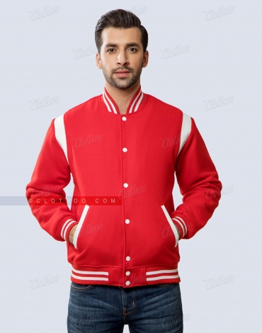 Red Wool Varsity Jacket with Shoulder Insert White