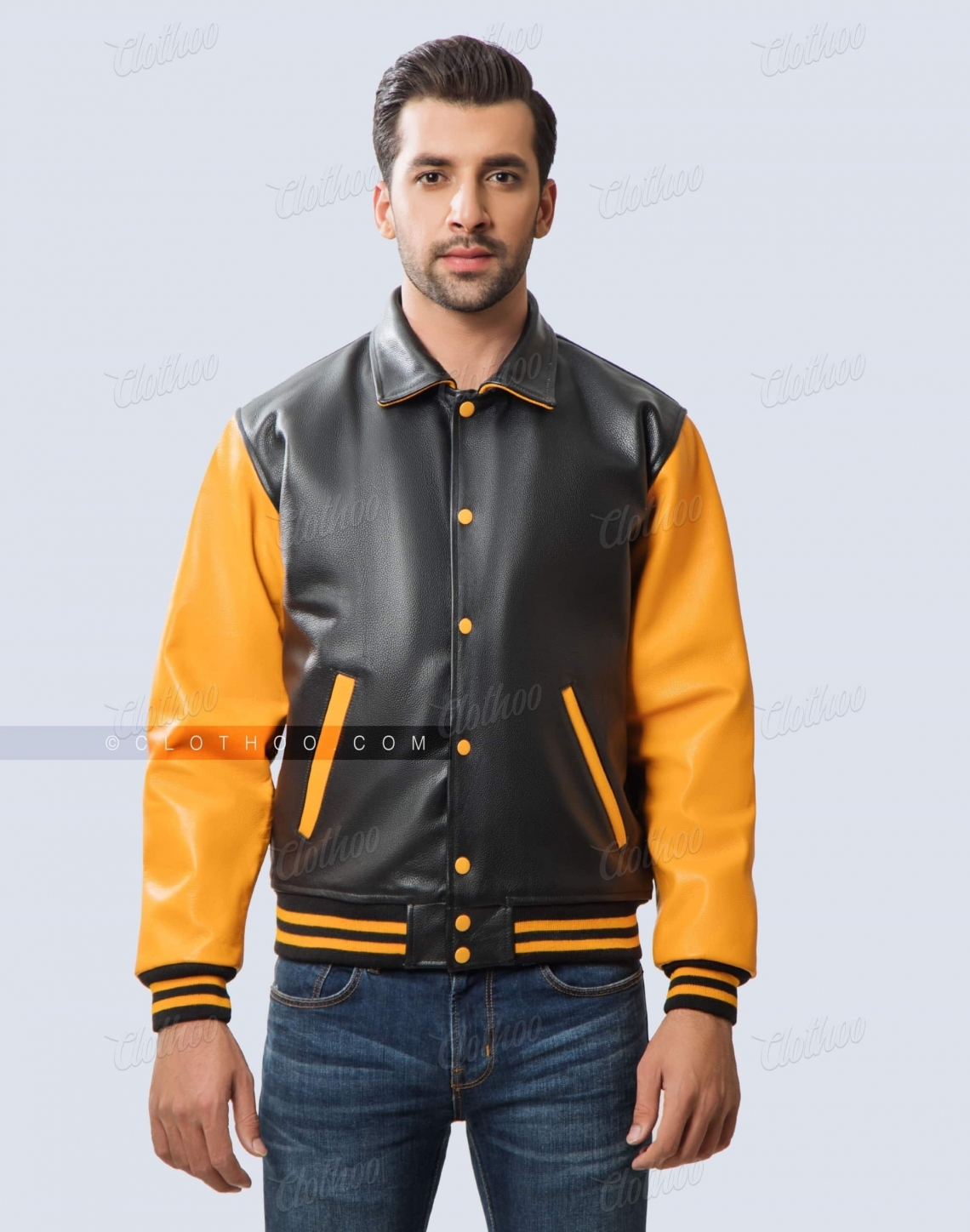 Retro Letterman Jacket Gold Black Leather Front