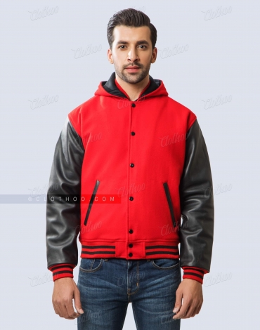 Red Wool and Black Leather Sleeves Varsity Hoodie