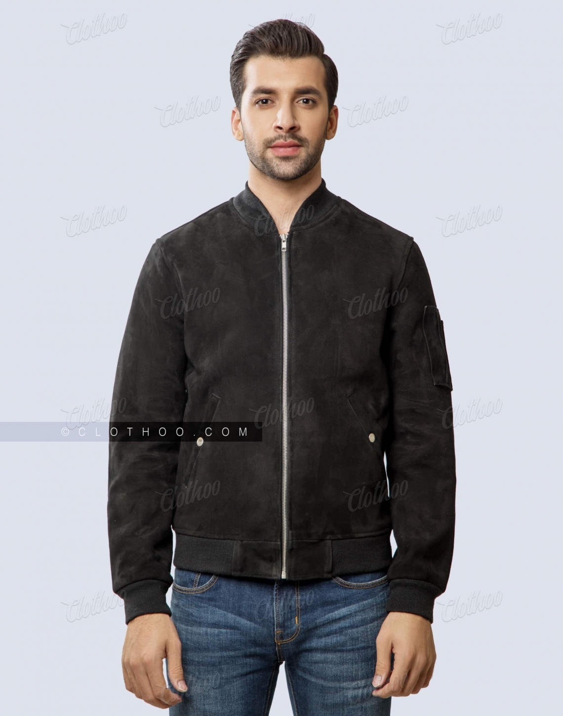 Black Goat Suede Bomber Jacket For Men And Women Front