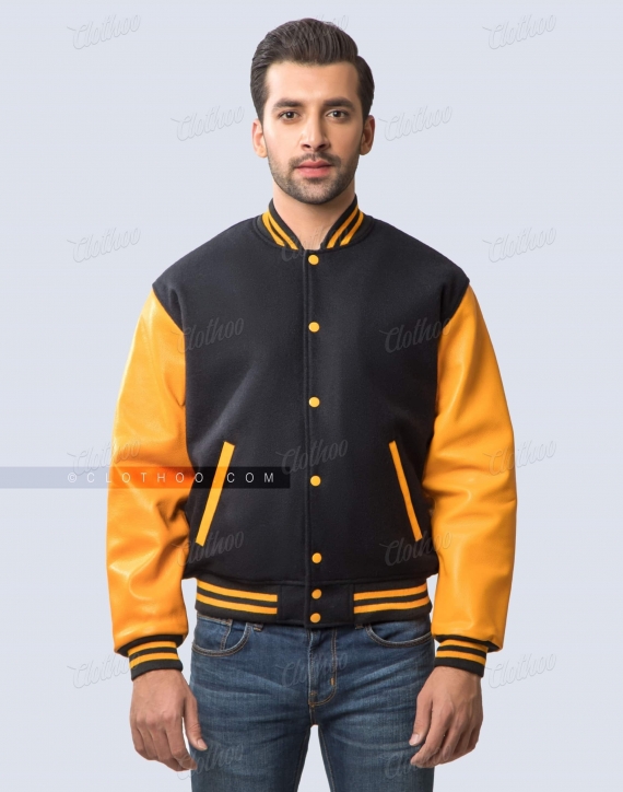 Black and gold letterman jacket in melton wool and cowhide leather sleeves front pose