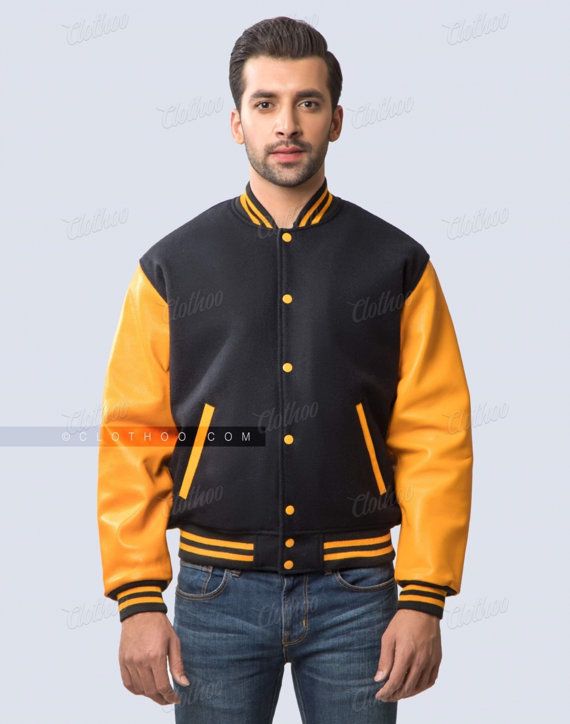 Black and gold varsity jacket in melton wool and cowhide leather sleeves front pose