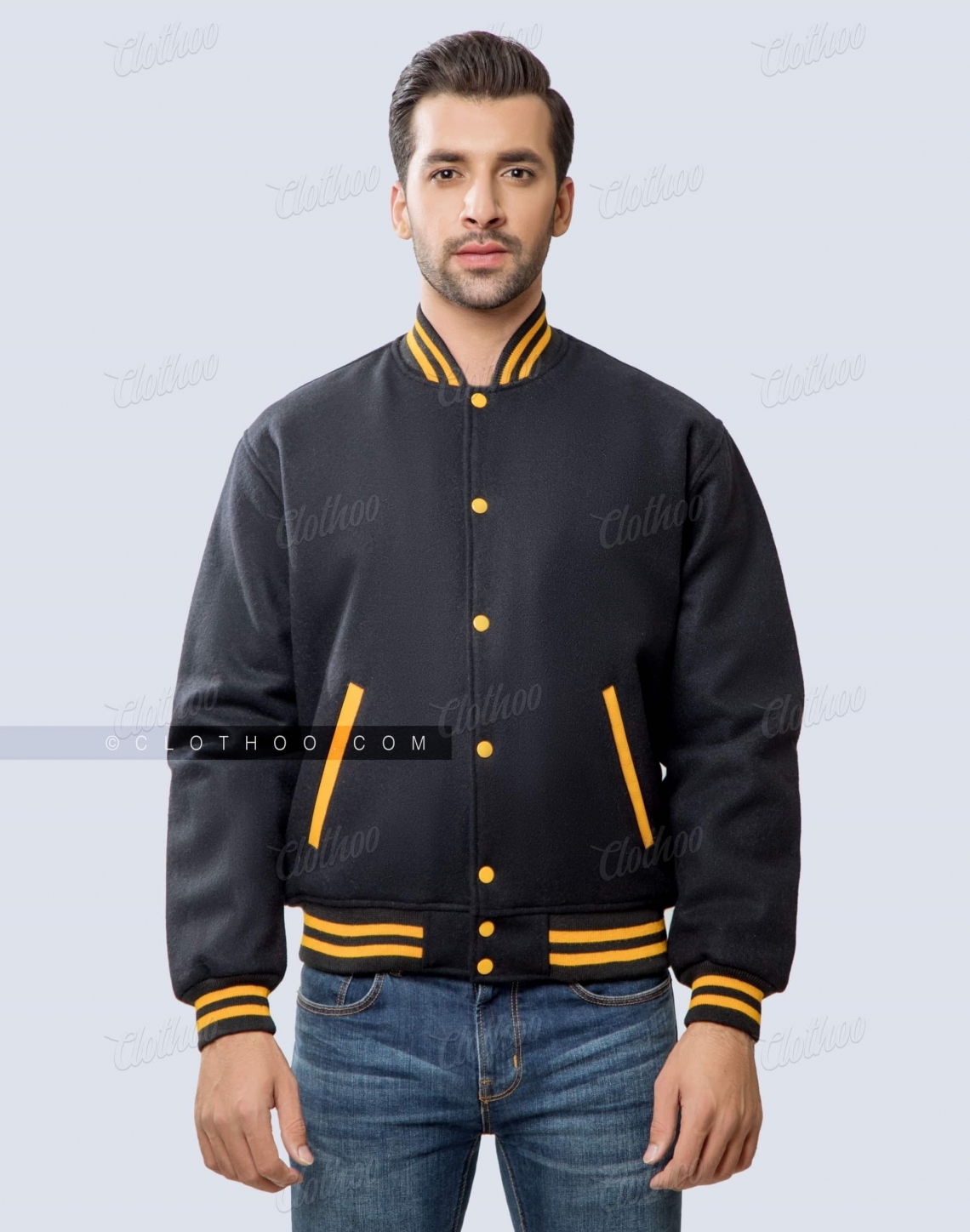 Black Melton Wool Varsity Jacket with Leather Pockets