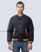 Black Melton Wool Letterman Jacket with Leather Pockets