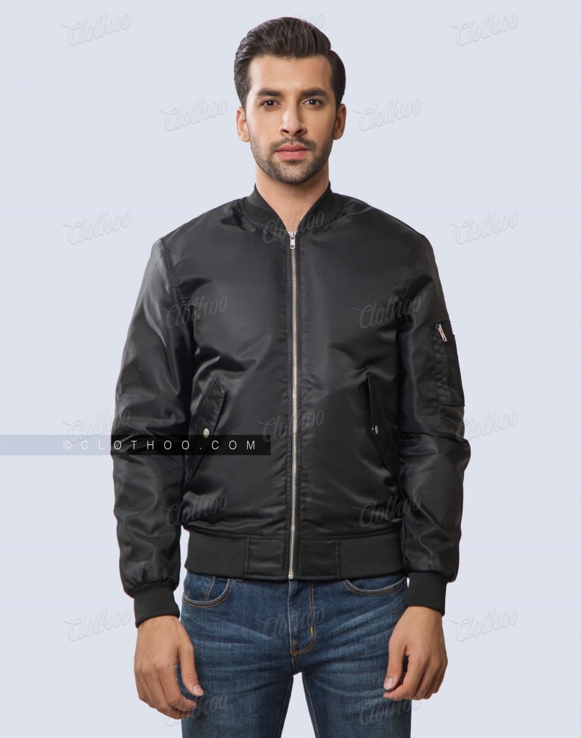 Black Nylon Bomber Jacket For Mens Front