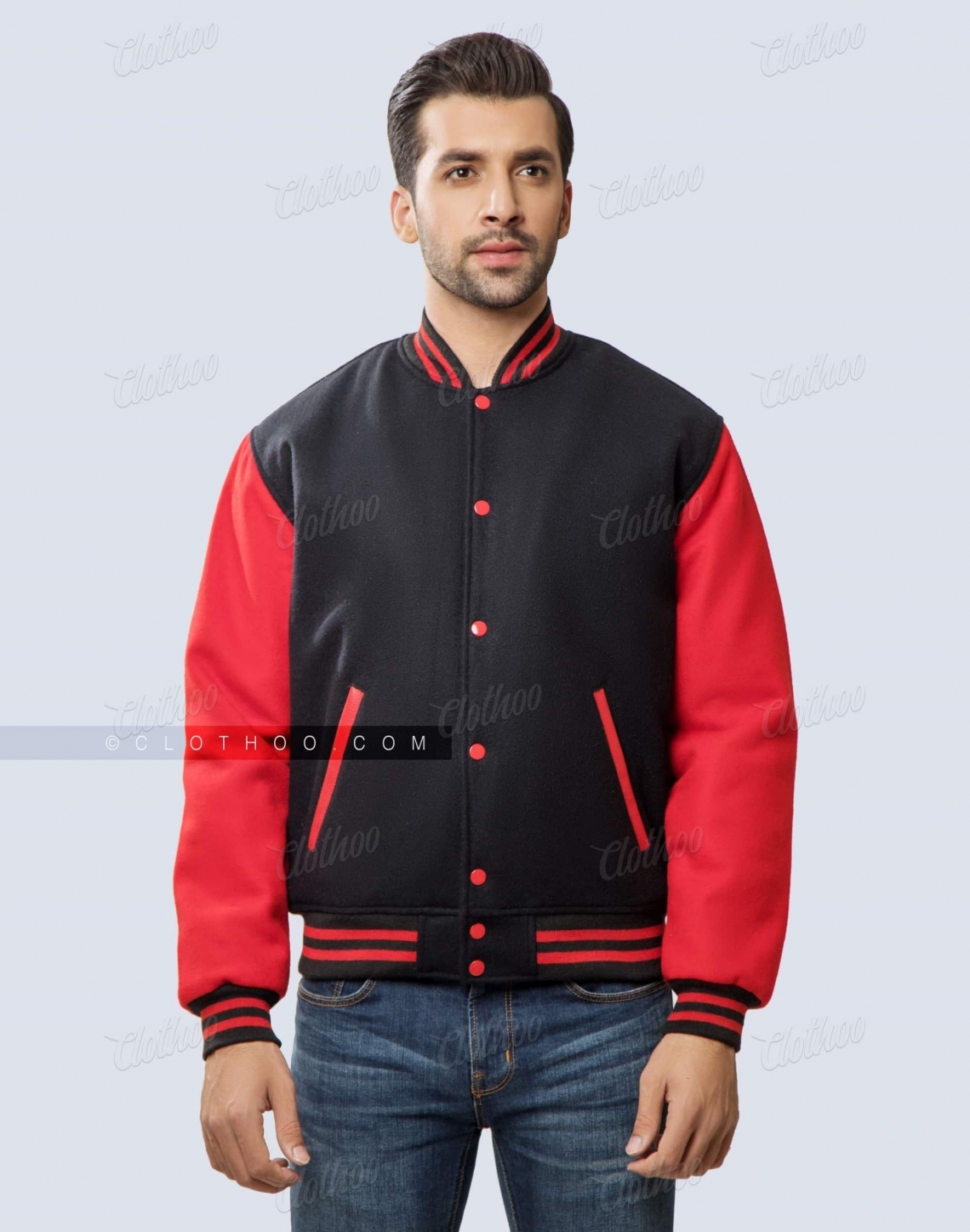 Black and Red Wool Varsity Jacket Front