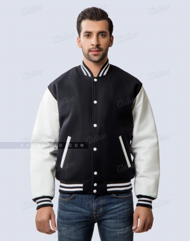 Black Wool and White Leather Sleeves Letterman Jacket