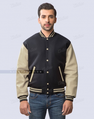 Black Wool and Beige Vegan Leather Sleeves Jacket