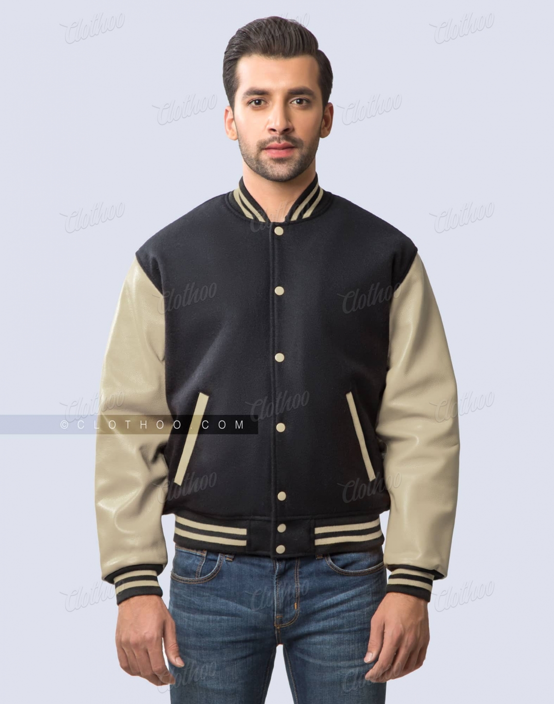 black wool body and beige leather sleeves letterman jacket