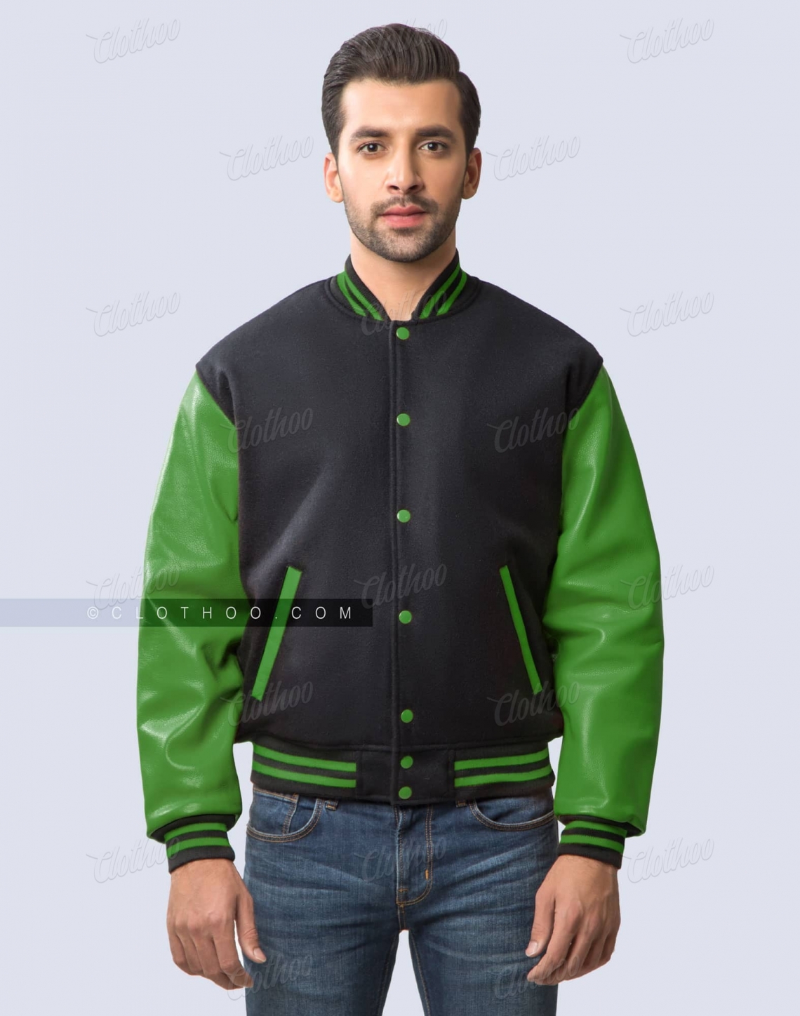 Black Wool Body & Kelly Green Leather Sleeves Varsity Jacket