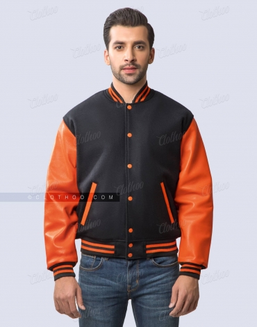 Black Wool and Orange Leather Sleeves Letterman Jacket