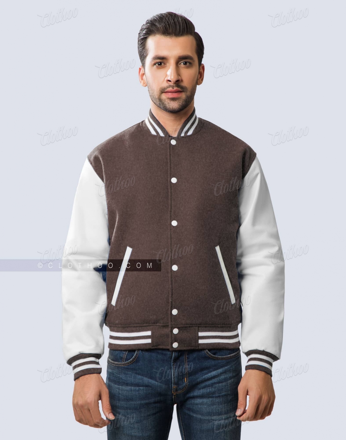 Dark Brown Wool Body and White Leather Sleeves Letterman Jacket