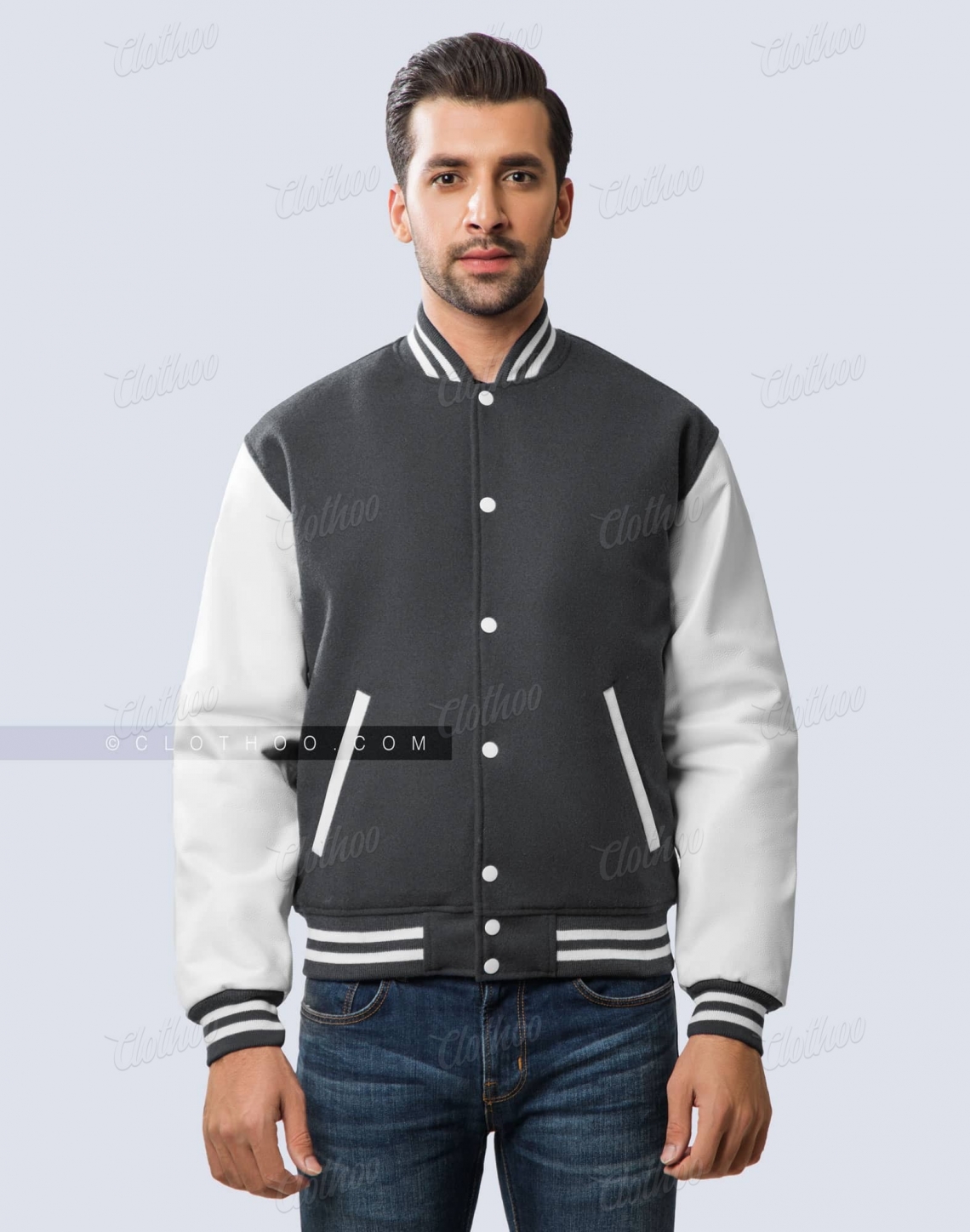 Dark Grey Wool Body & White Leather Sleeves Varsity Jacket