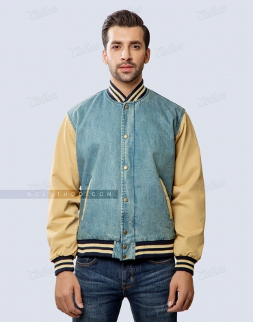 Denim Varsity Jacket with Brushed Cotton Sleeves