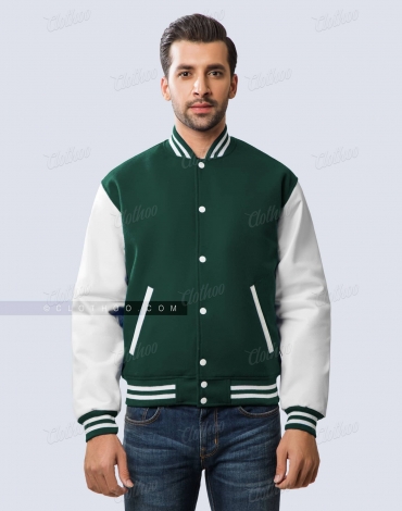 Green Wool and White Leather Sleeves Varsity Jacket