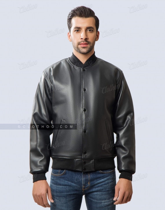cowhide black leather letterman style jacket