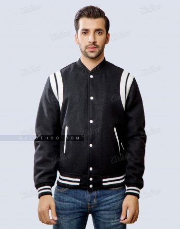 Black Stylish Varsity Jacket with White Leather Shoulder Inserts