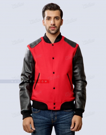 Red Wool and Black Sheepskin Leather Varsity Jacket Shoulder Pads