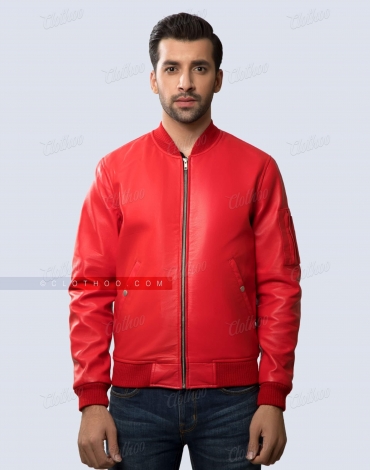 Red Leather Bomber Jacket for Women