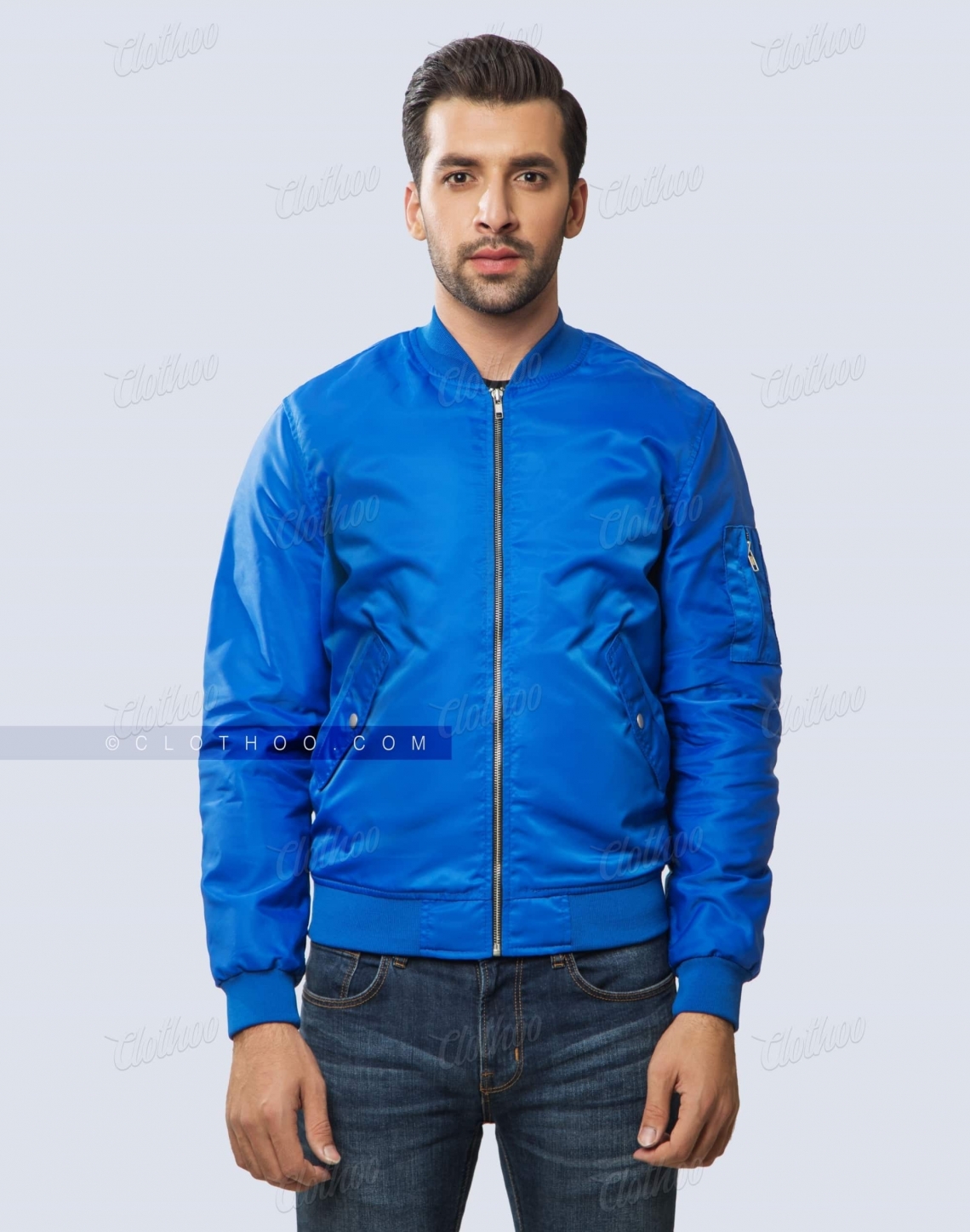 Royal Blue Nylon Bomber Jacket Front