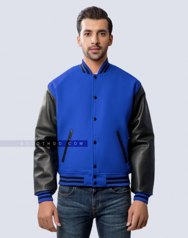Royal Blue Wool and Black Leather Sleeves Letterman Jacket