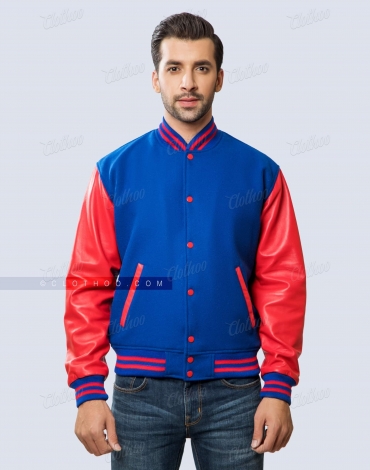 Royal Blue Wool and Red Leather Sleeves Letterman Jacket