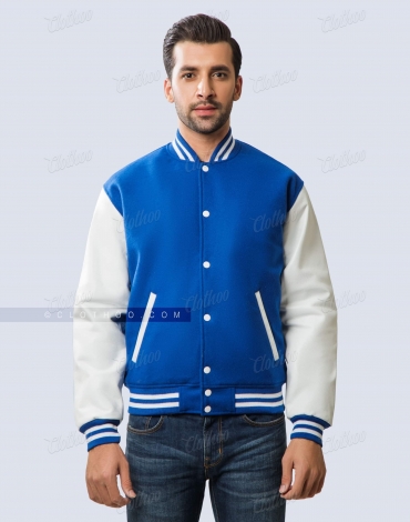 Royal Blue Wool and White Leather Sleeves Letterman Jacket
