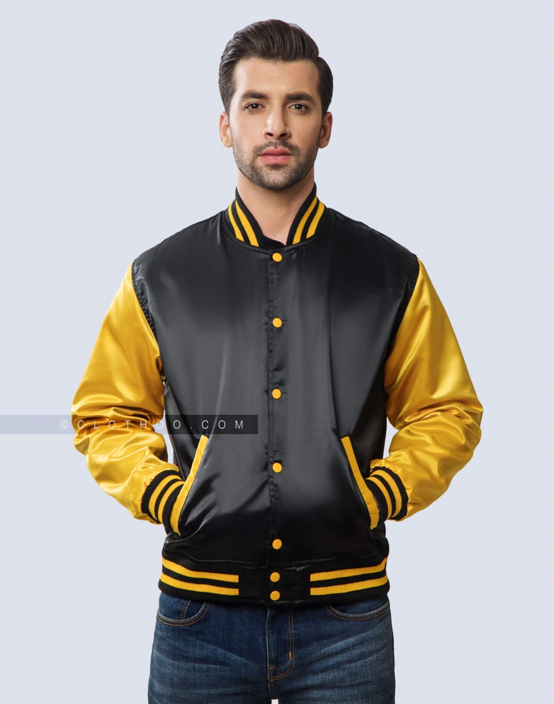 Satin Varsity Jacket Black Athletic Gold Men Women Front