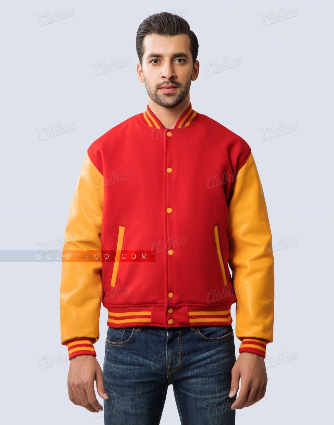 red and gold varsity jacket in wool and leather