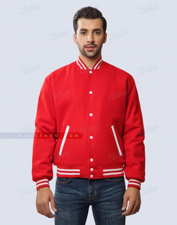 Scarlet Red Wool Letterman Jacket Front View