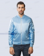 Sky blue satin bomber jacket for women Front