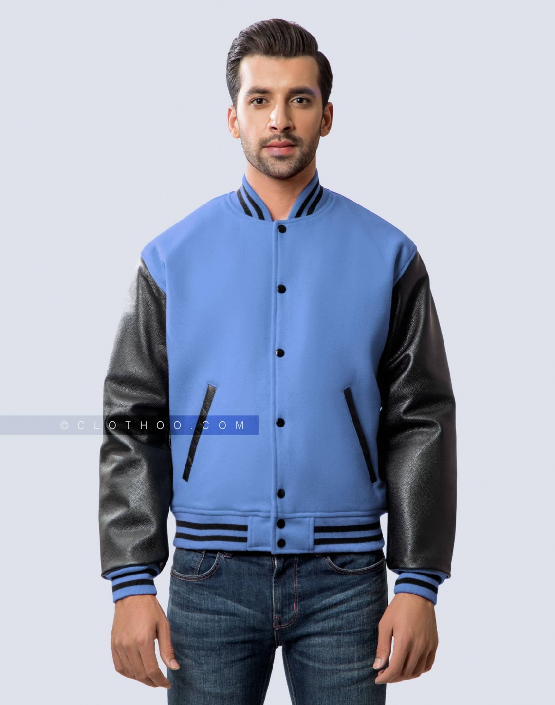 Sky Blue Wool Body & Black Leather Sleeeves Varsity Jacket