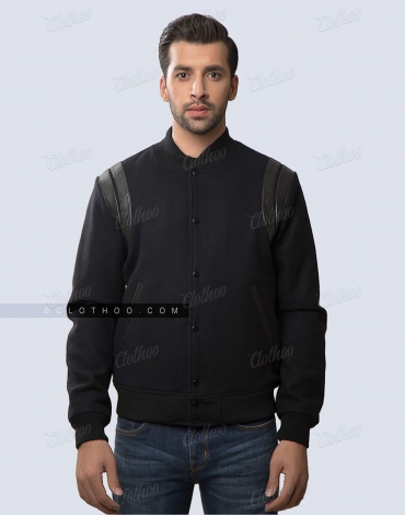 All Black Varsity Jacket with Leather Shoulder Inserts