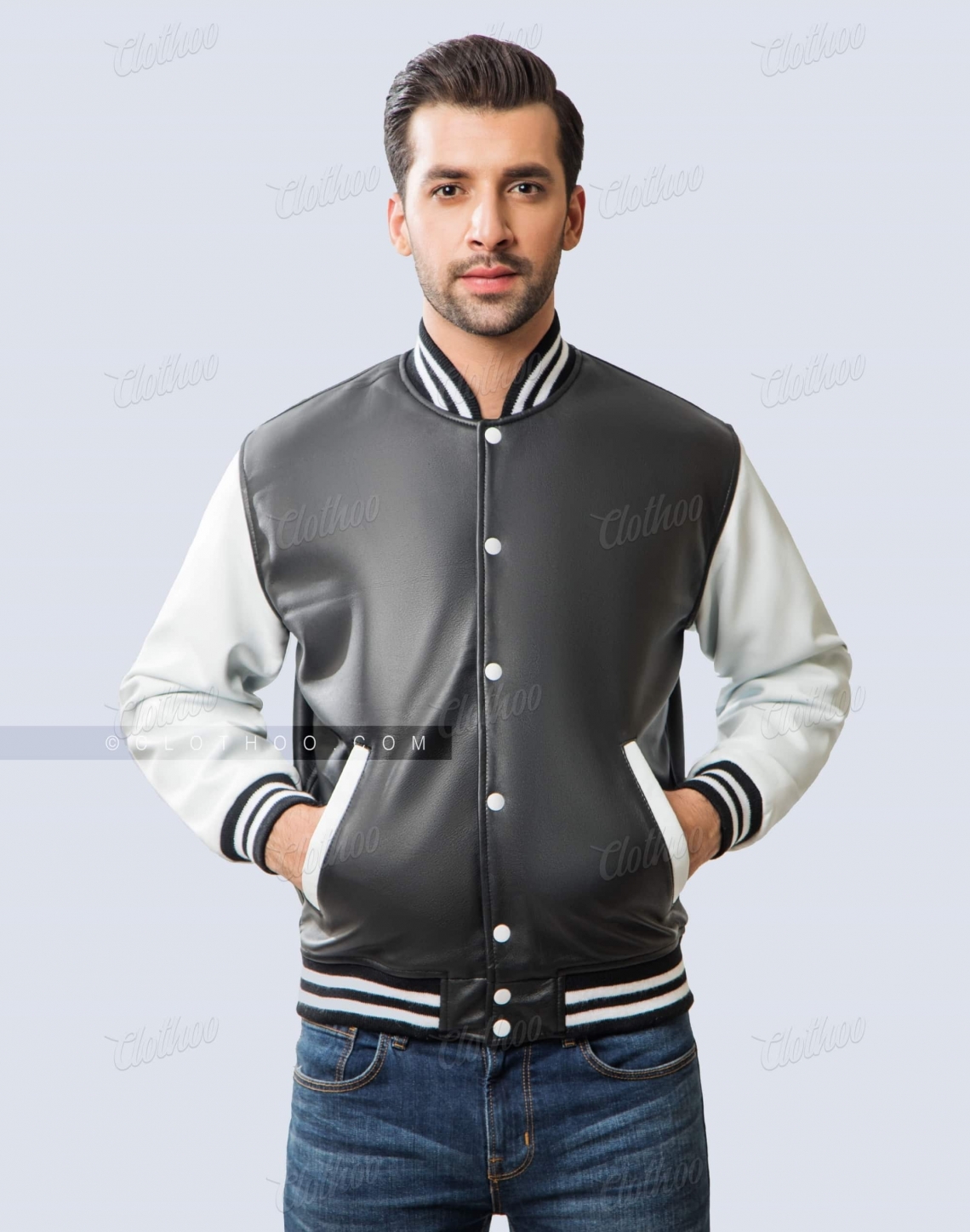 Sheep Skin Leather Varsity Jacket in Black and White