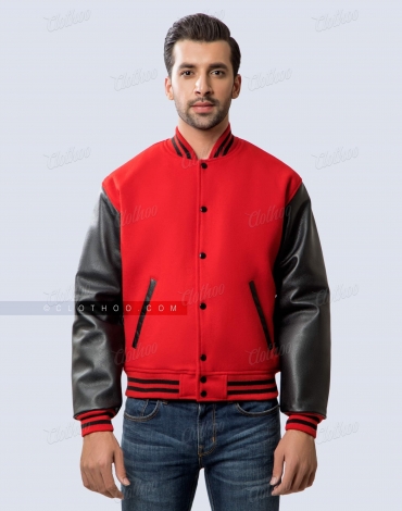 Red Wool and Black Leather Sleeves Letterman Jacket