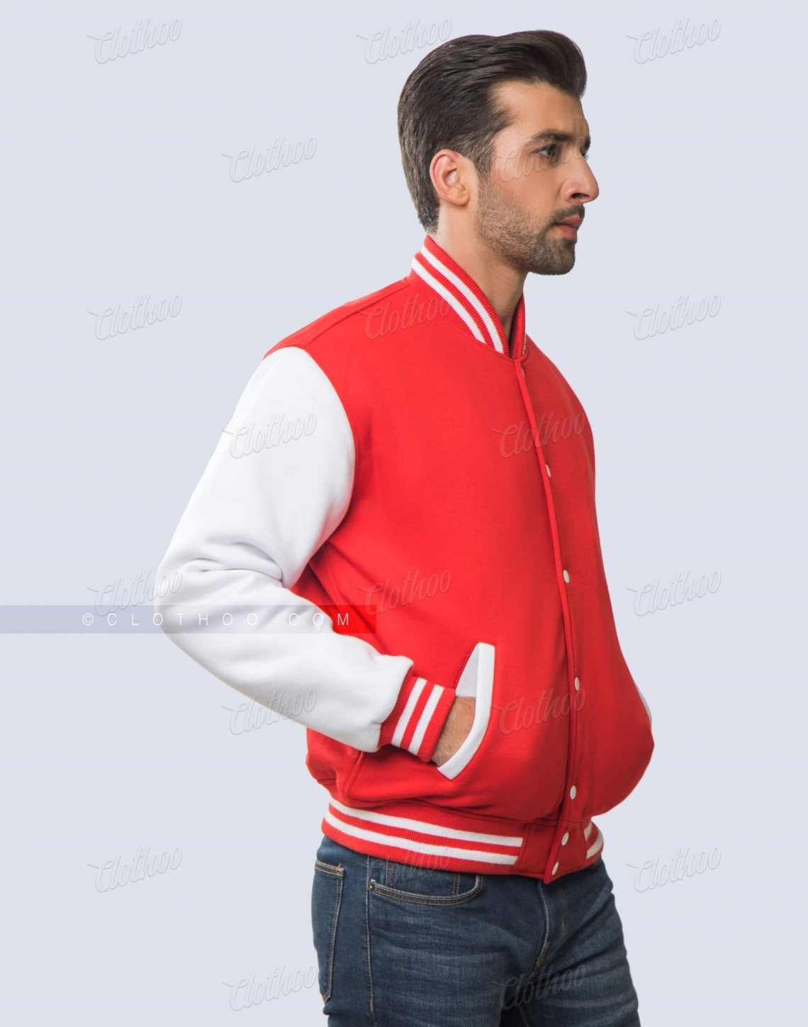 Red and White Fleece Varsity Jacket Side